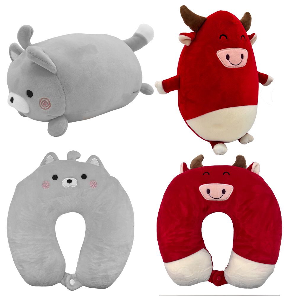 Image TRAVEL BUDS - 6 PC assortment of reversable travel pillows : Grey Cat and Red Bull