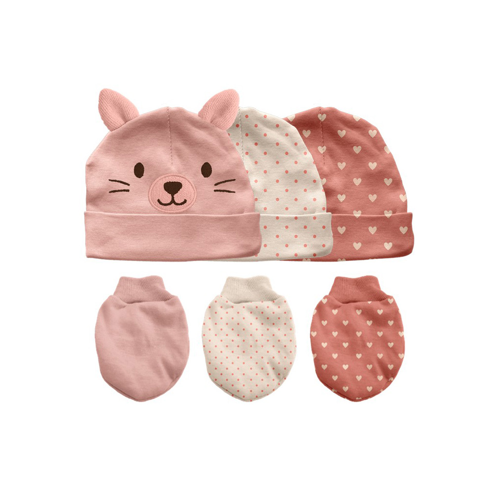 Image Ens. de 3 tuques et mitaines anti-égratignures pour bébé - Motif Chat, rose