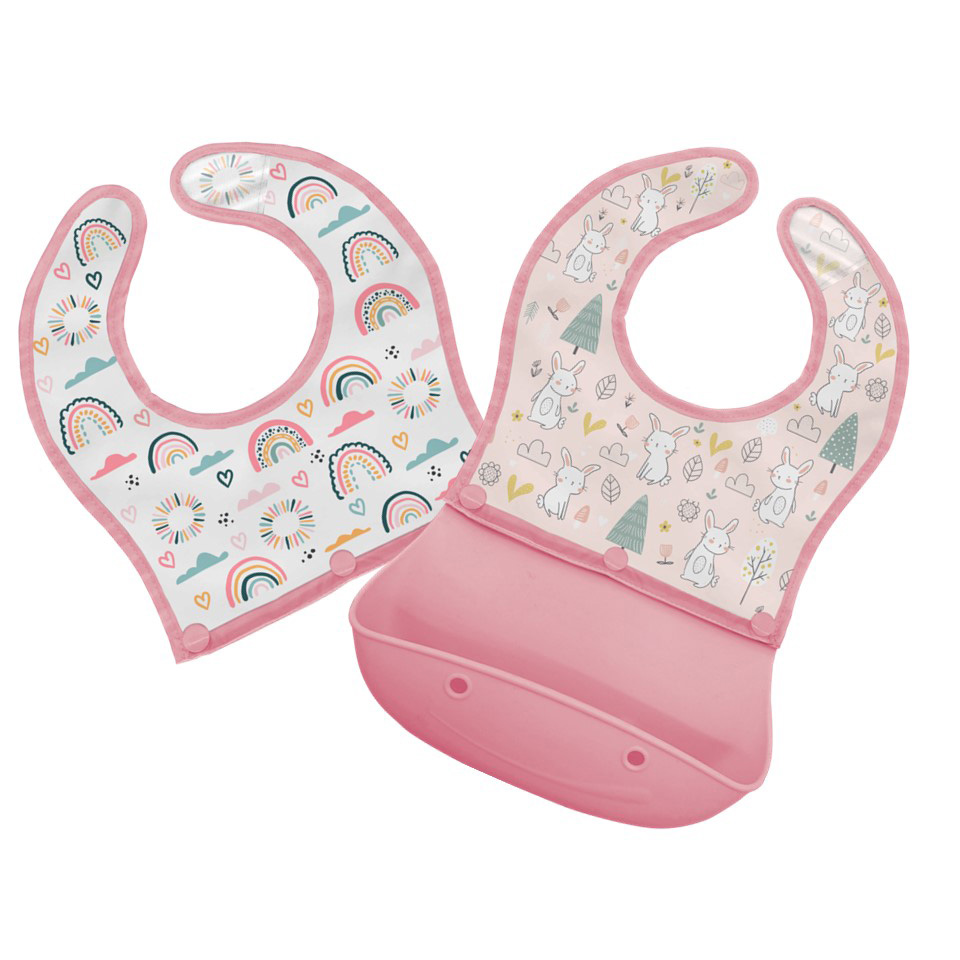 Image Bibs with Silicone Pocket 2-in -1 - Duo of Bunny and Rainbow Designs