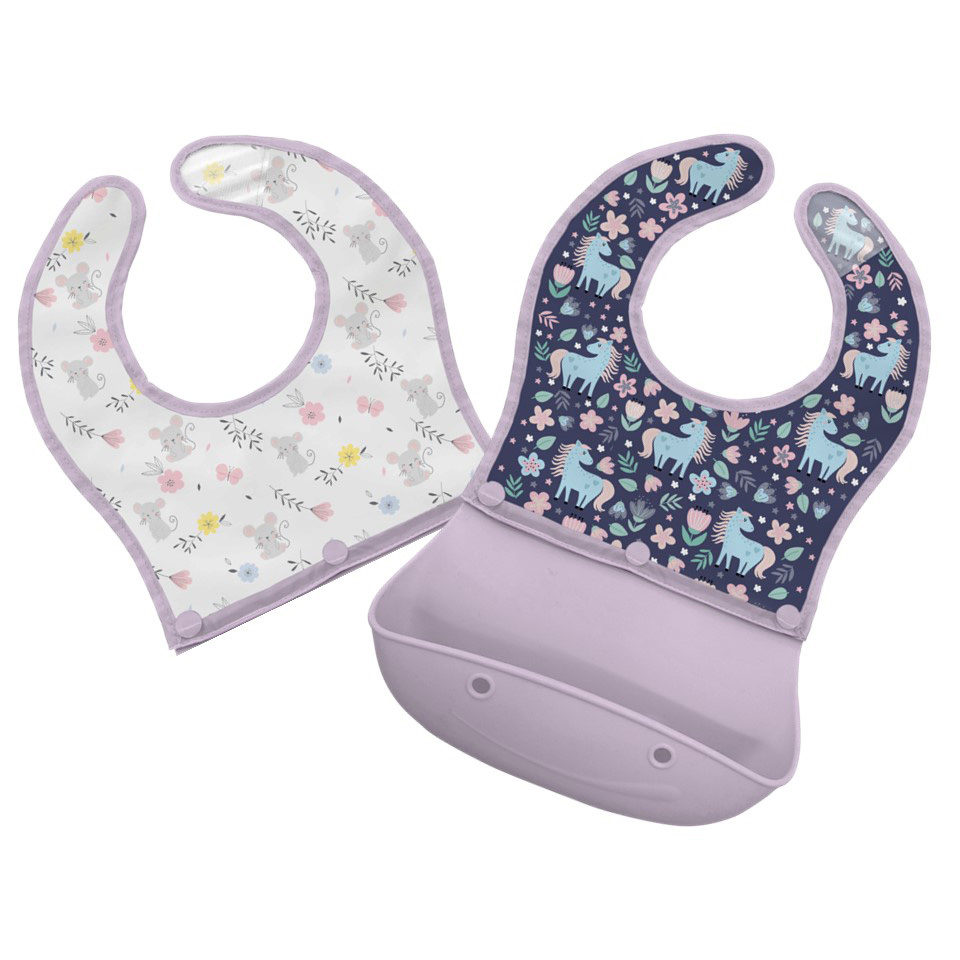 Image Bibs with Silicone Pocket 2-in -1 - Duo of Horse and Mouse Designs