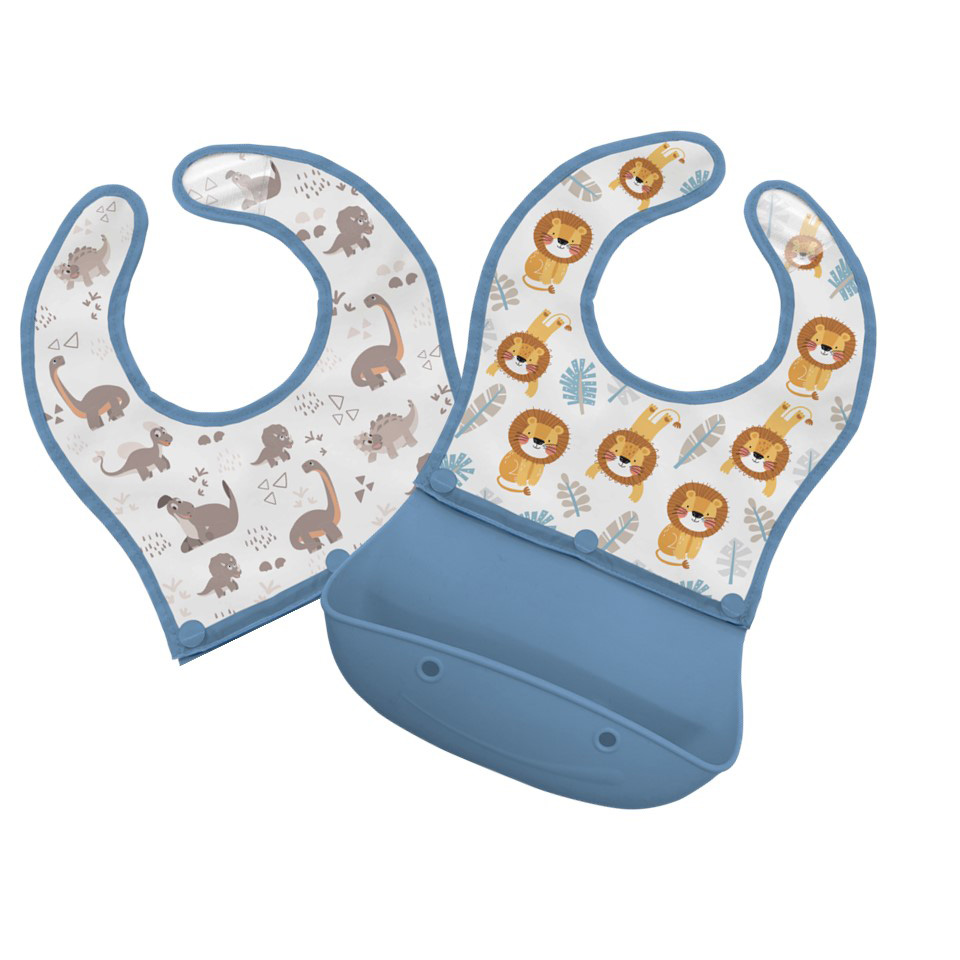 Image Bavettes avec pochette en silicone 2-en-1 - Duo de motifs dino et lion