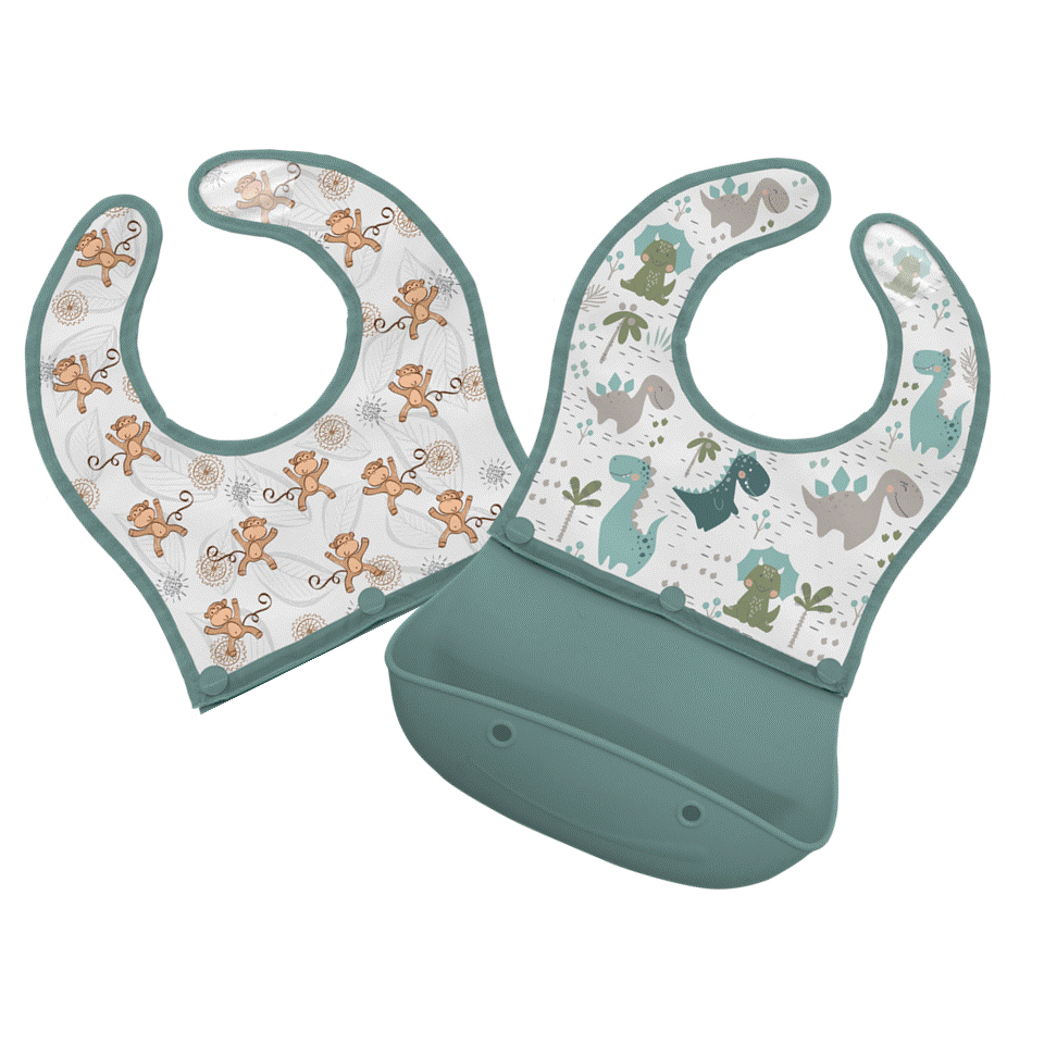 Image Bibs with Silicone Pocket 2-in-1 - Duo of Dino and Monkey Designs