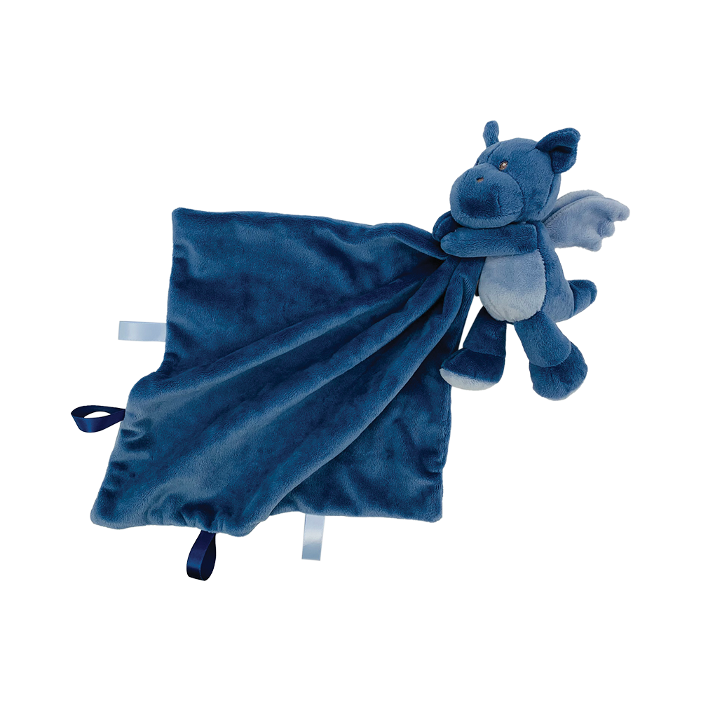 Image Doudou Dinosaure avec étiquettes sensorielles - Bleu