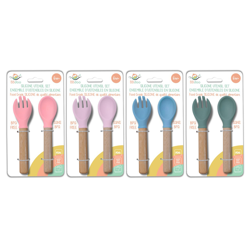 Image Ensemble de 2 ustensiles - Fourchettes & cuillères en silicone - 4 couleurs assorties : rose, mauve, bleu et vert