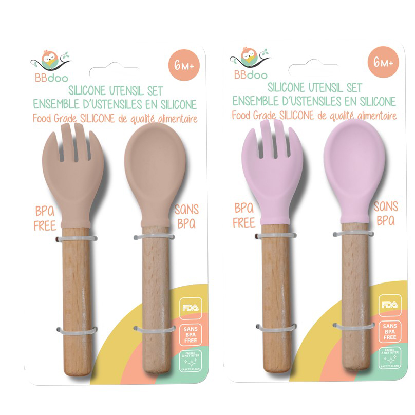 Image 2-Pack of Baby Silicone Forks and Spoons - 2 Assorted Colors : beige and purple