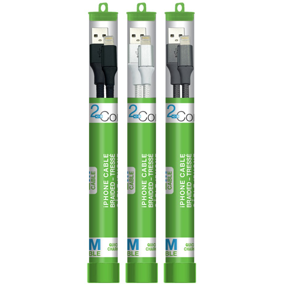 Image Câbles tressés USB-A à Lightning - 2m, 3 couleurs assorties : noir, gris, blanc