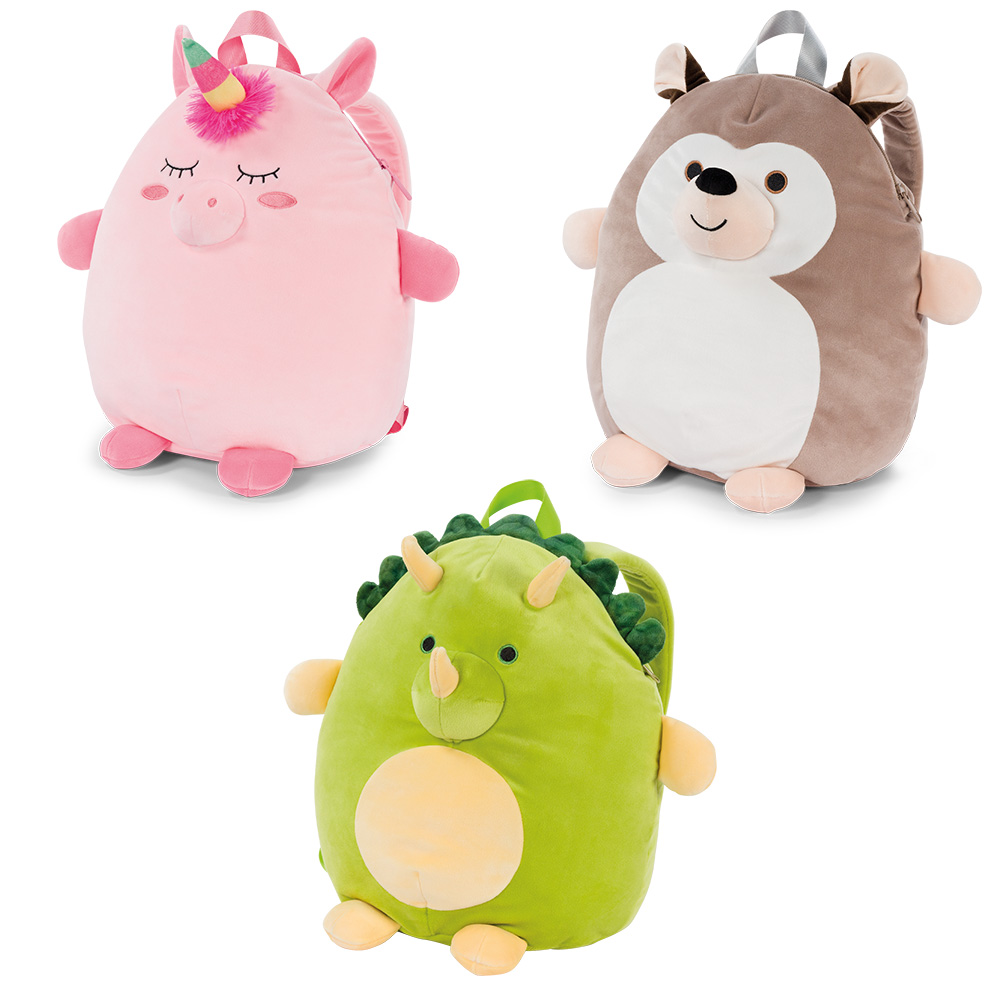 Image Set of 3 assorted plush toy back packs: Unicorn, Hedgehog, and Dino