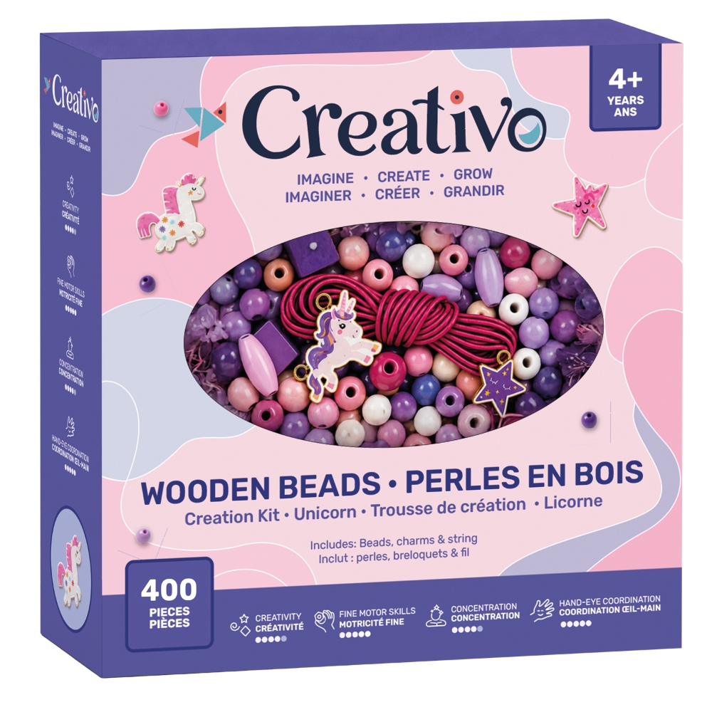 Image Creativo - Perles en bois avec breloques & Licorne - Mauve / 400 pièces
