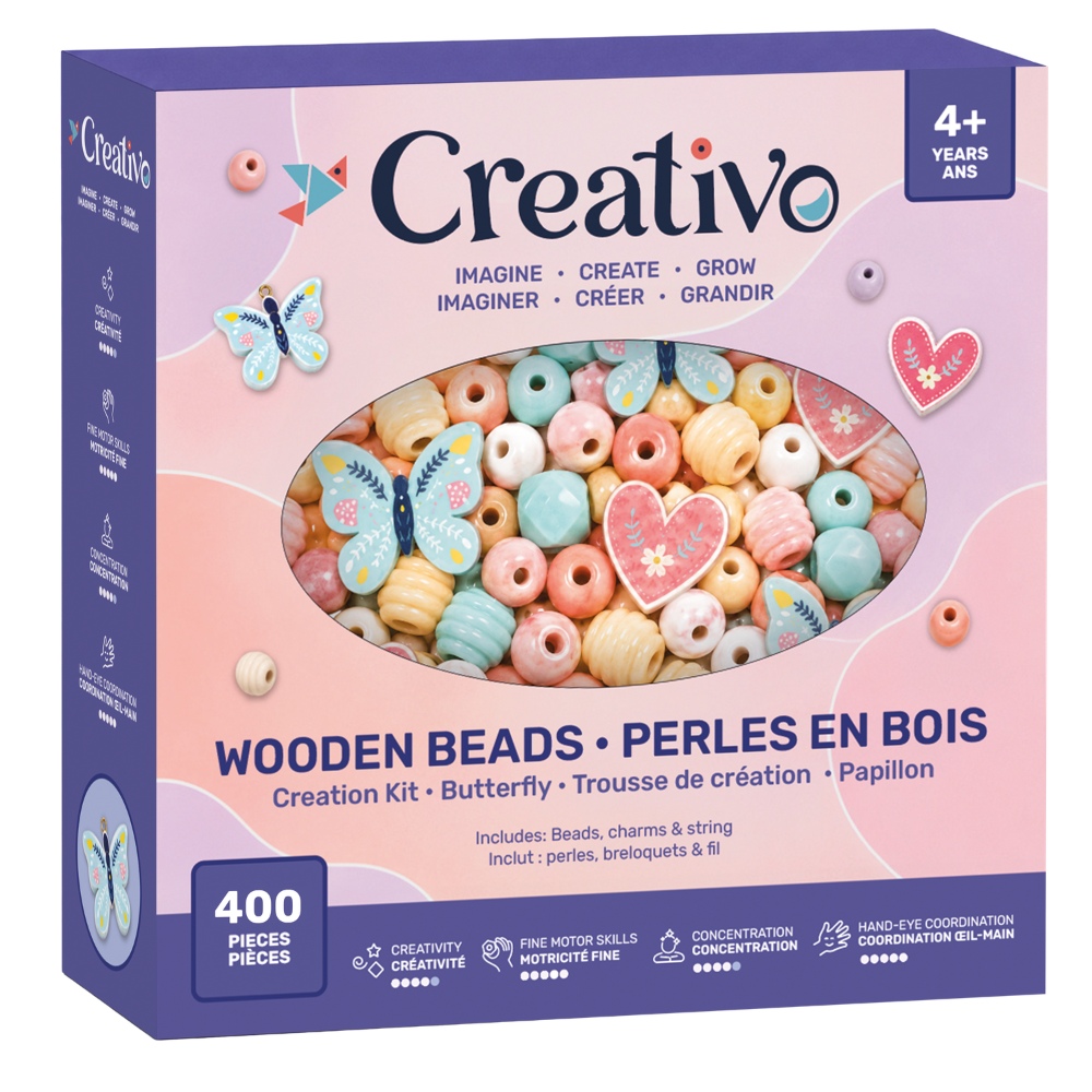 Image Creativo - Perles en bois avec breloques & Papillon - Pêche / 400 pièces