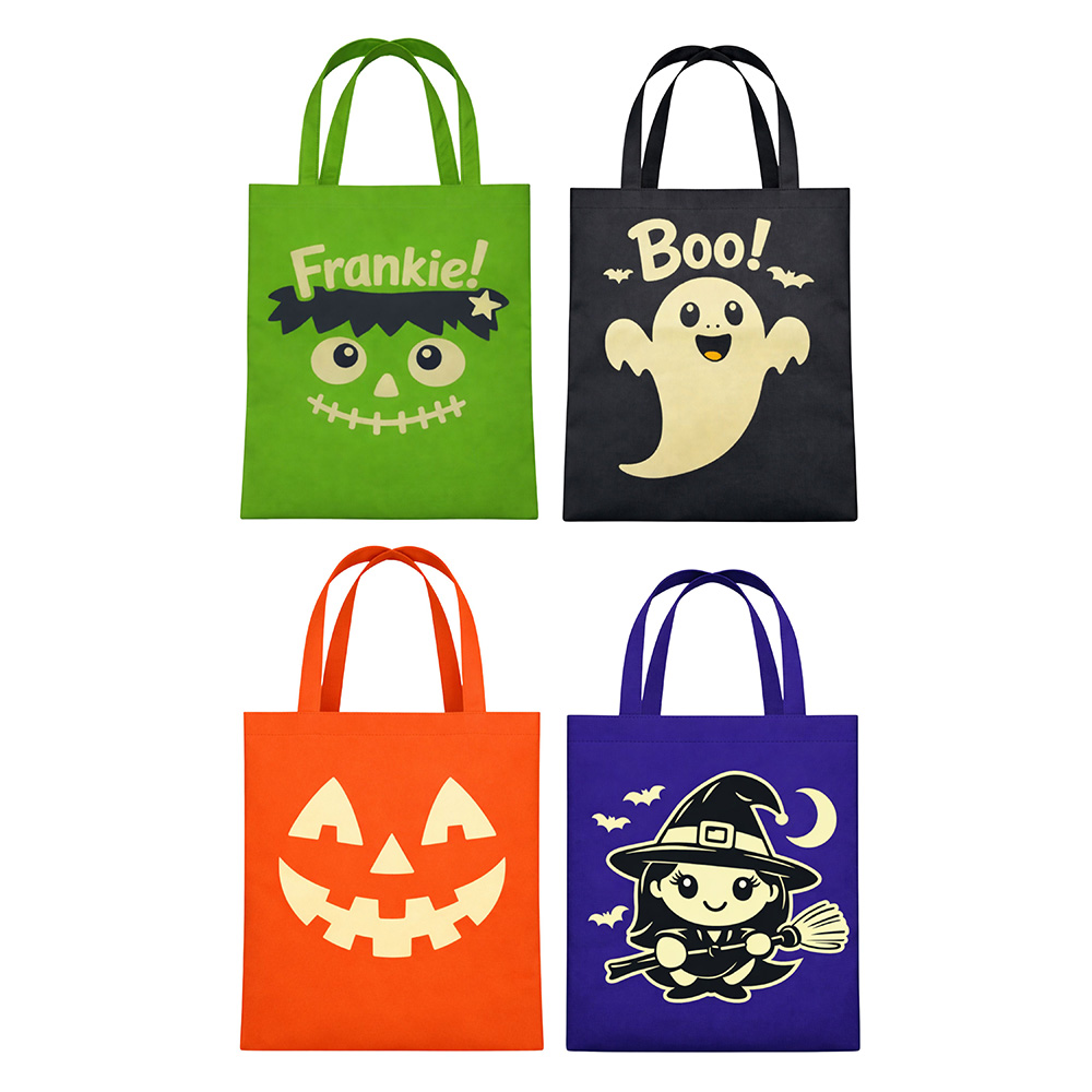 Image Sacs d’Halloween brillent dans la nuit – 4 modèles : citrouille, fantôme, sorcière et Frankenstein