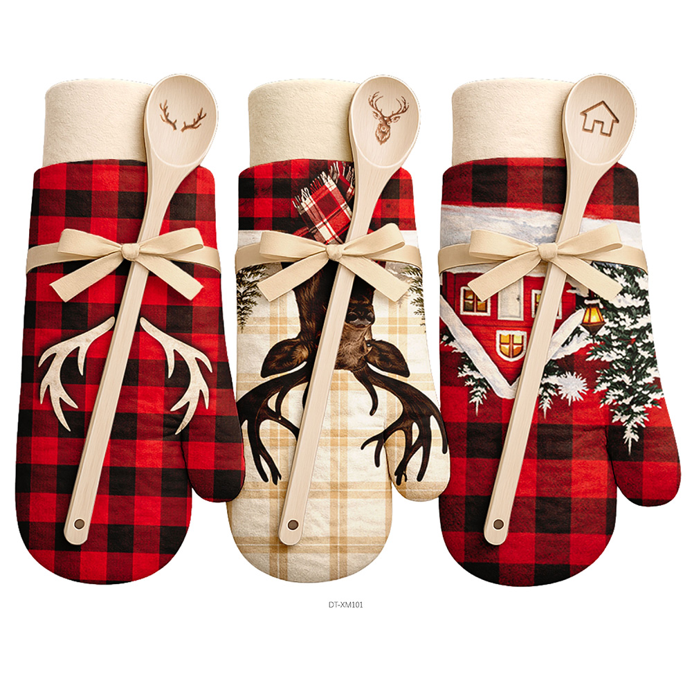 Image Gift Sets: 3 x Oven Mittens, 1 x Wood Spoon, 1 x Dishcloth - Winter Cabin Series - 17L x 34H cm