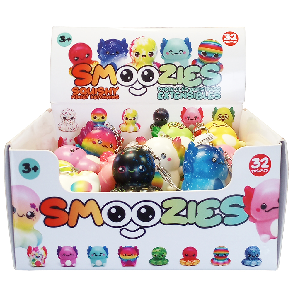 Image LES SMOOZIES - Porte-clés jouets anti-stress extensibles, pieuvres + axolotls (5 cm) / Présentoir comptoir de 32 mcx