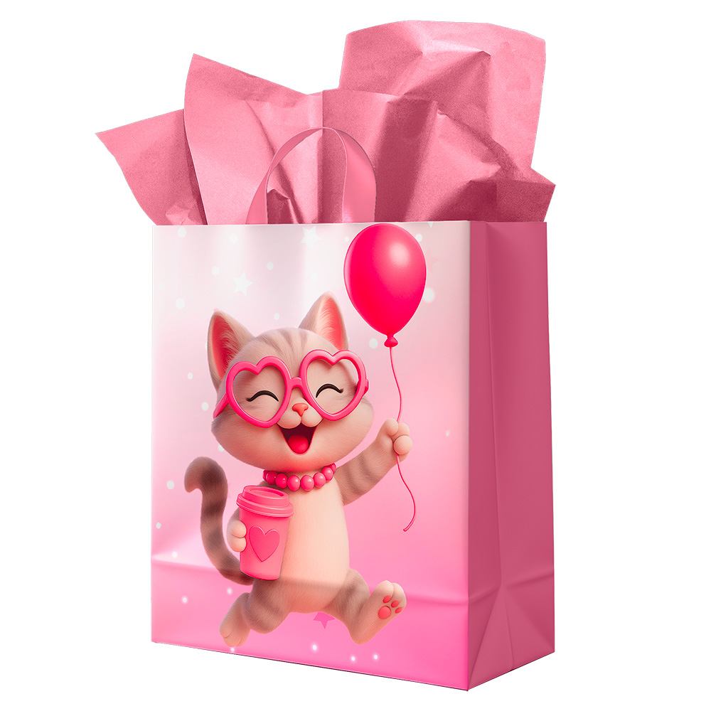 Image Sac cadeau pour enfants – Grand – Rose avec chat