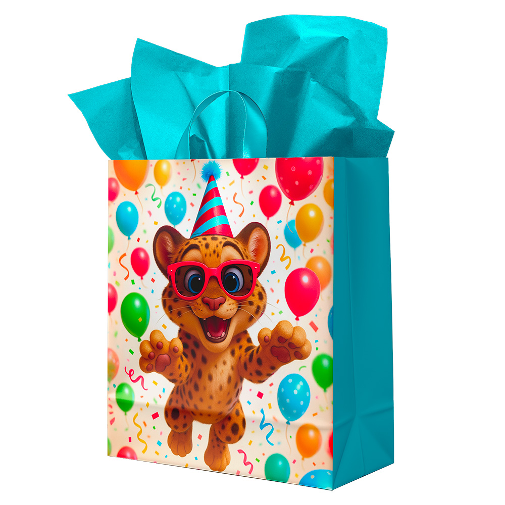 Image Sac cadeau pour enfants – Grand - Léopard festif avec chapeau et ballons