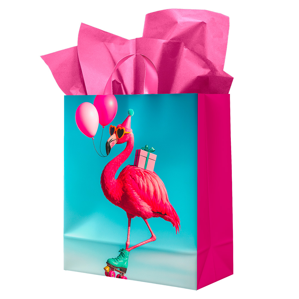 Image Sac cadeau – Grand – Flamant rose en patins à roulettes