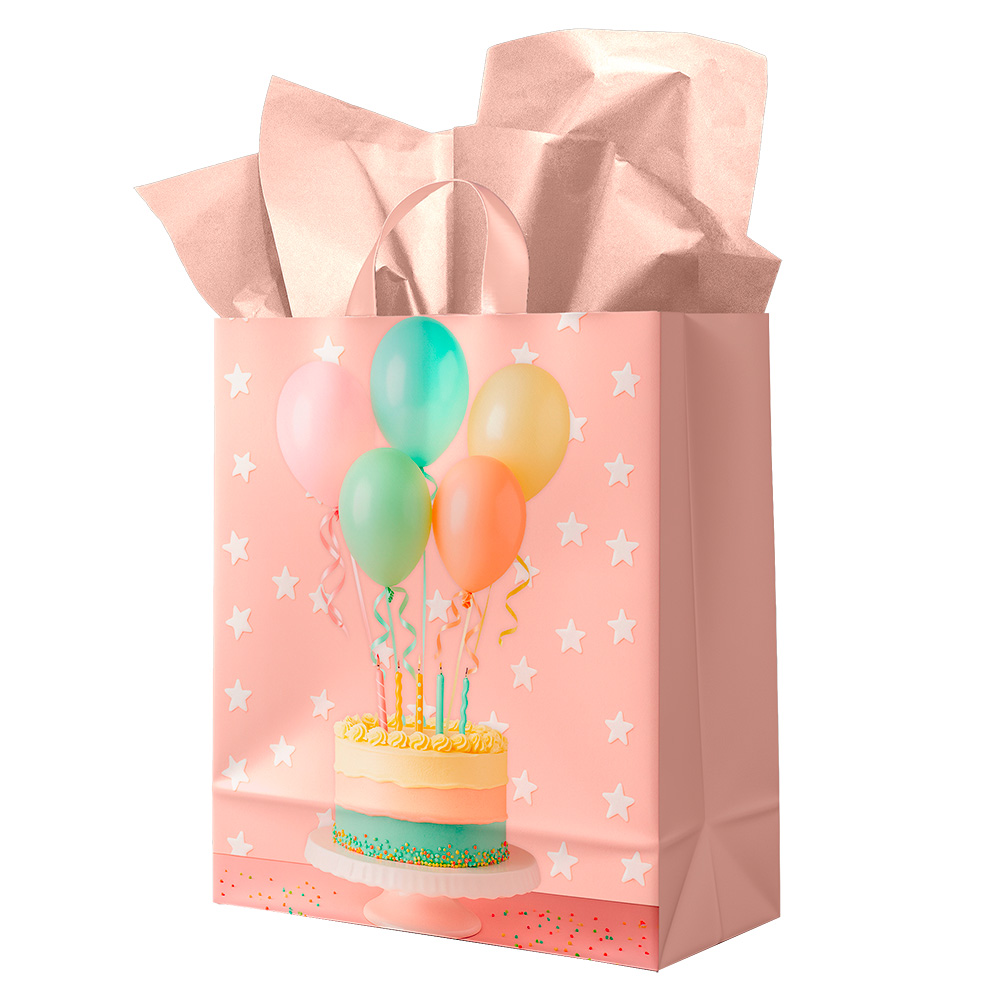 Image Sac cadeau – Petit – Rose avec gâteau et ballons