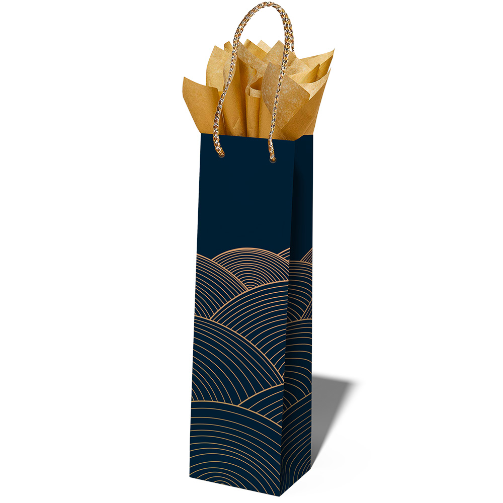 Image Sac cadeau pour bouteille de vin - Bleu avec motif or