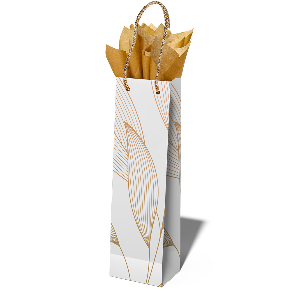 Image Sac cadeau pour bouteille de vin - Blanc avec motif doré