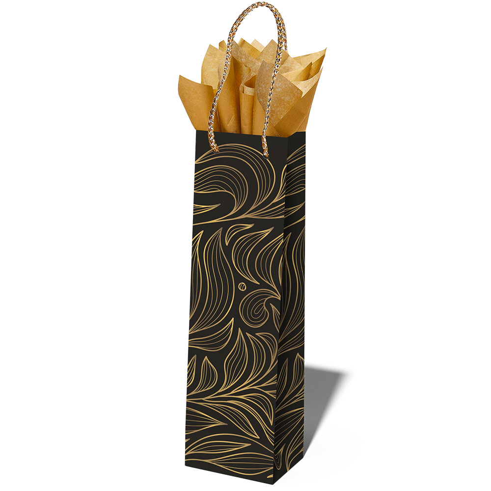 Image Sac cadeau pour bouteille de vin - Noir avec motif doré