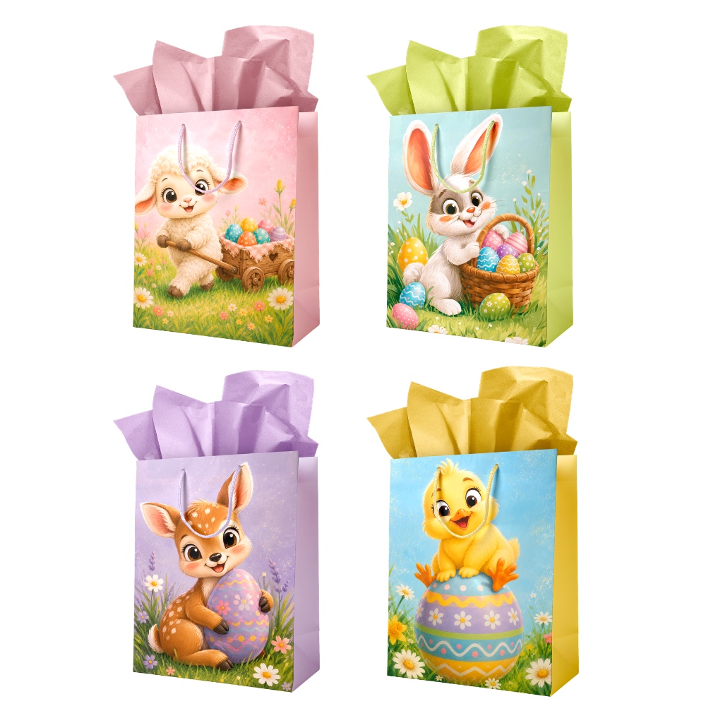 Image Assortiment de 12 mcx - Sacs cadeaux pour Pâques - 4 designs : lapin, mouton, poussin, faon