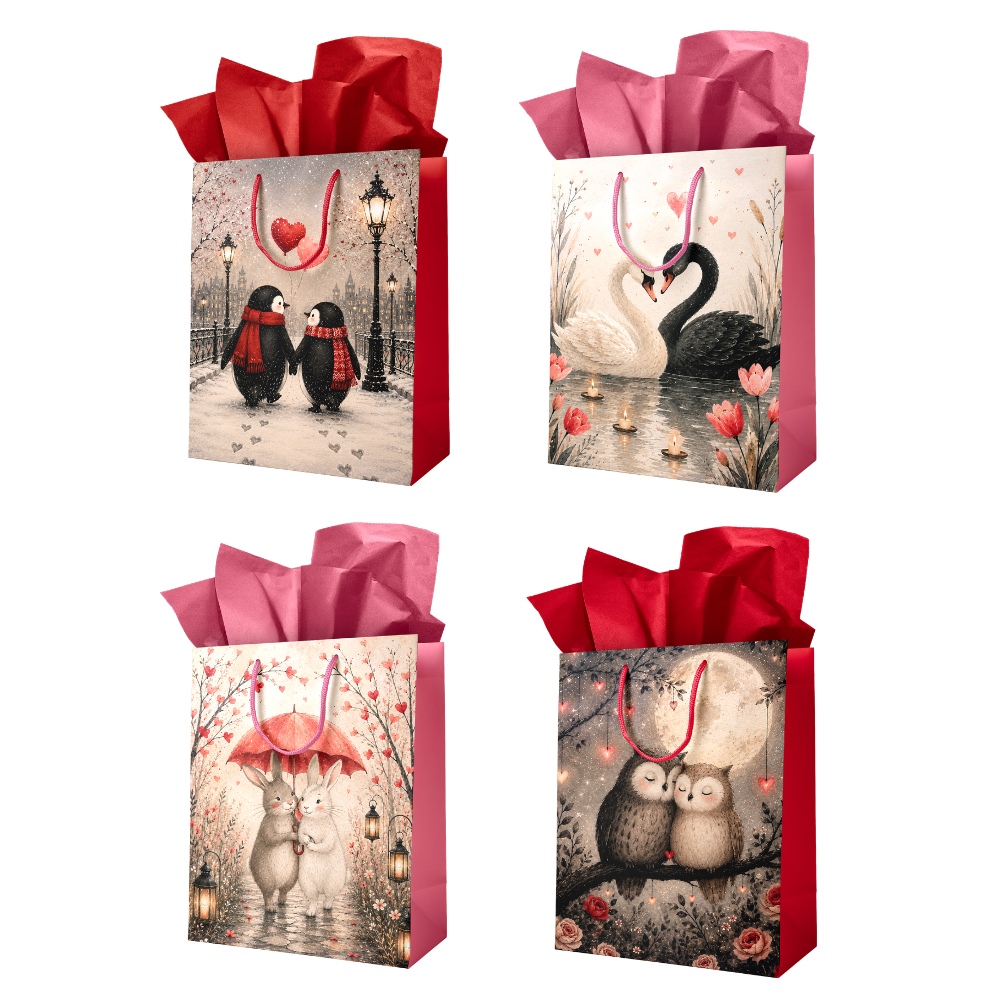 Image Assortiment de 12 mcx - Sacs cadeaux Romantique - 4 designs : pingouins, lapins, cygnes, hiboux