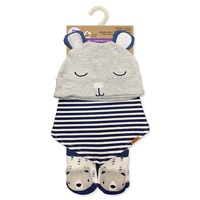 Image Set/3 Hat & Bib & Socks set - Boys - Teddy Bear