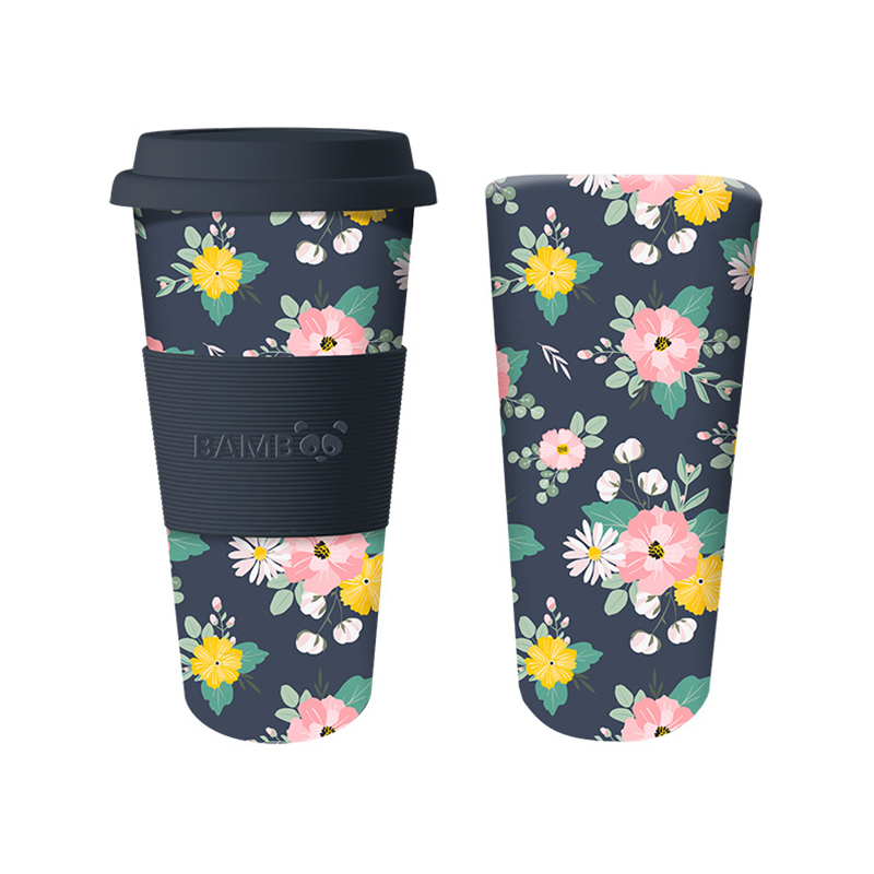 Image Tasse en bambou, Fleurs Roses Et Jaunes