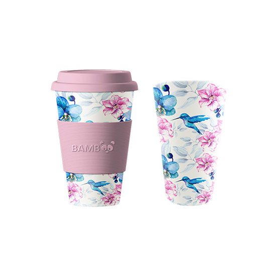 Image Tasse en bambou, Fleurs roses et bleues