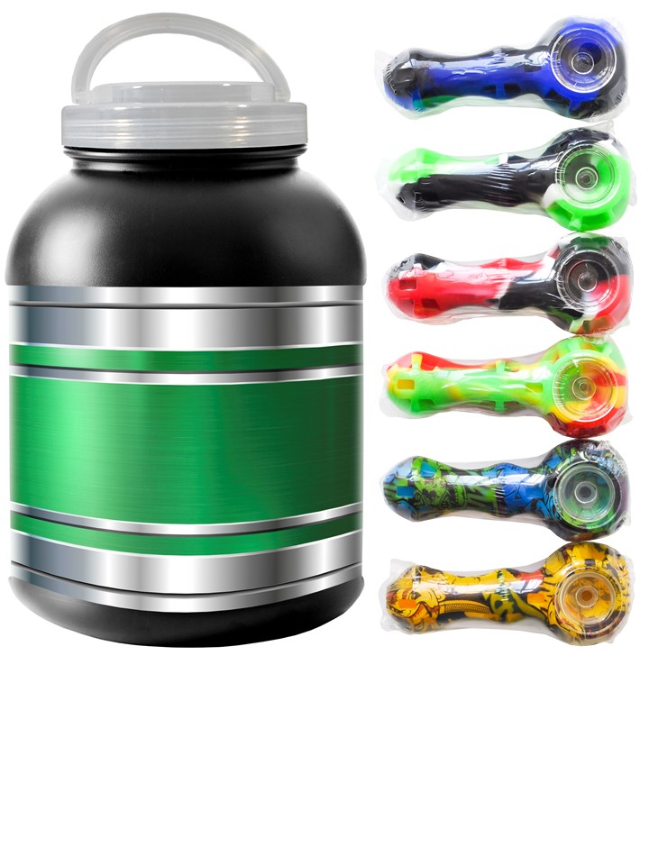 Image Pipe en silicone avec bol en verre 2-en-1 incluant 3 grillages en métal, couleurs assorties dans un pot en plastique