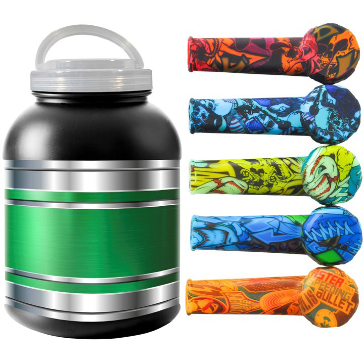 Image Pipe en silicone avec bol en métal, couleurs assorties dans un pot en plastique