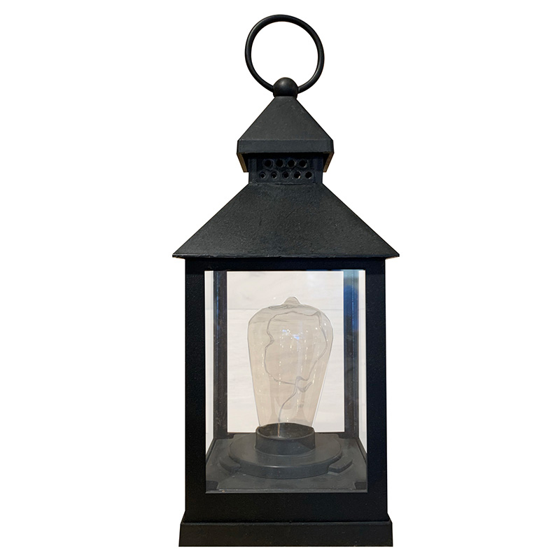 Image Lanterne en métal avec guirlande DELdans Bulbe Edison & Minuterie - Noire