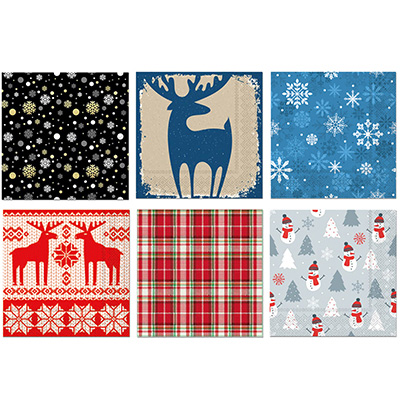 Image Assortiment de 6 paquets de serviettes de table Noël, 6 modèles différents, 30 serviettes par paquet