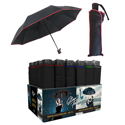 Image Parapluie unisexe rétractable avec étui, assortiment de 12 mcx, 4 couleurs assorties (bleu, rouge, noir, gris)