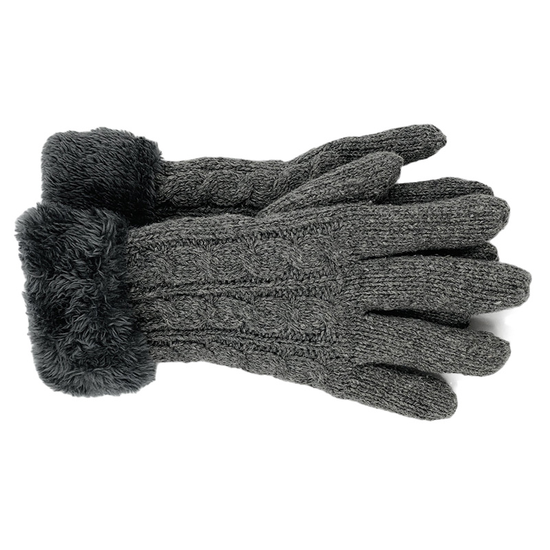 Image Knitted Gloves with Fleece Cuff for Women, Braided Design - Dark Grey