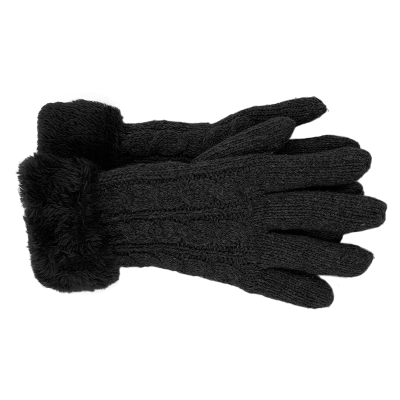 Image Knitted Gloves with Fleece Cuff for Women, Braided Design - Black