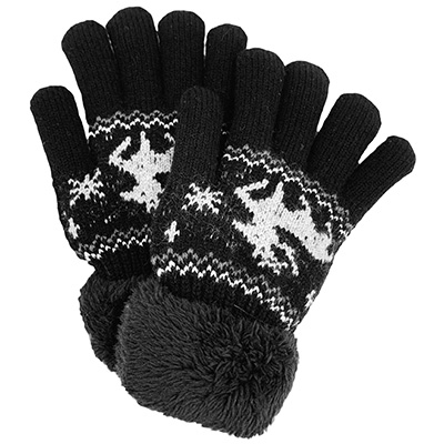 Image Knitted Gloves with Fleece Cuff for KIDS, Deer Design, Black and Grey