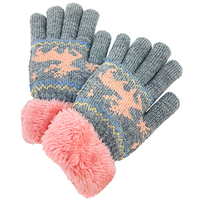 Image Knitted Gloves with Fleece Cuff for KIDS, Deer Design, Grey and Pink