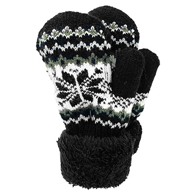 Image Knitted Mittens with Fleece Cuff for KIDS, Snowflakes Design, Black and White