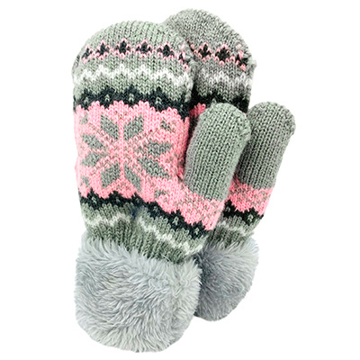 Image Knitted Mittens with Fleece Cuff for KIDS, Snowflakes Design, Grey and Pink
