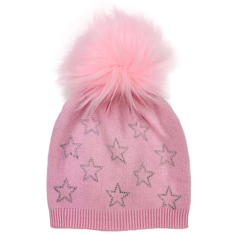 Image Tuque en tricot avec pompon pour enfants - Rose avec étoiles