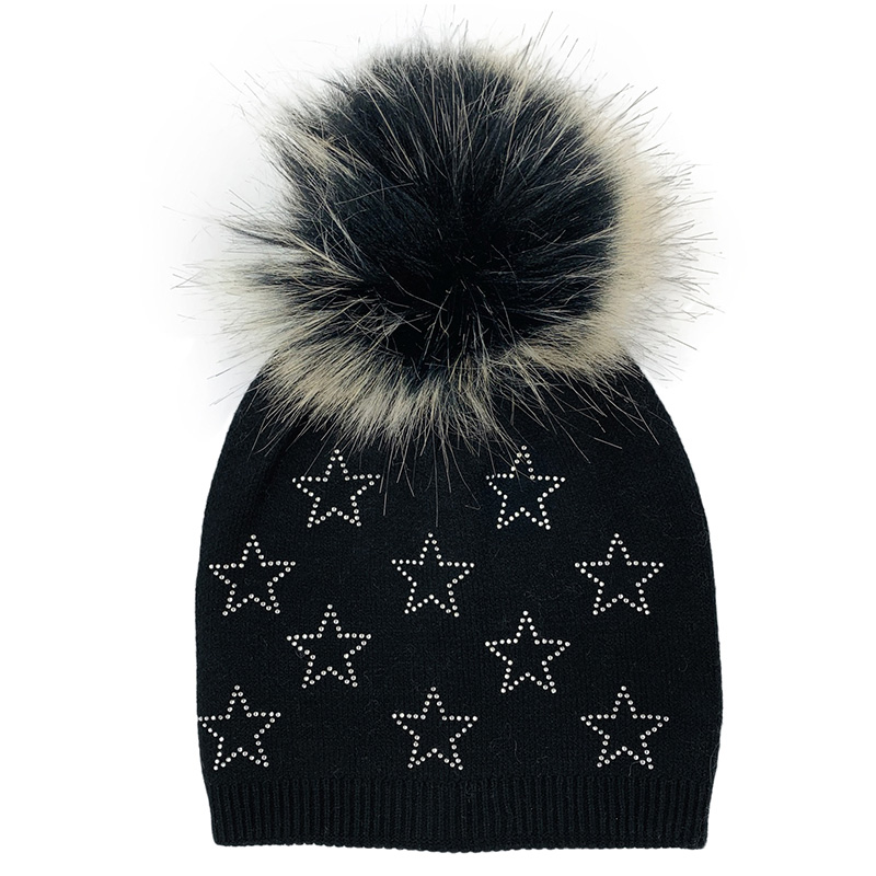 Image Knitted Hat with Pompom for Kids - Black with Silver Stars