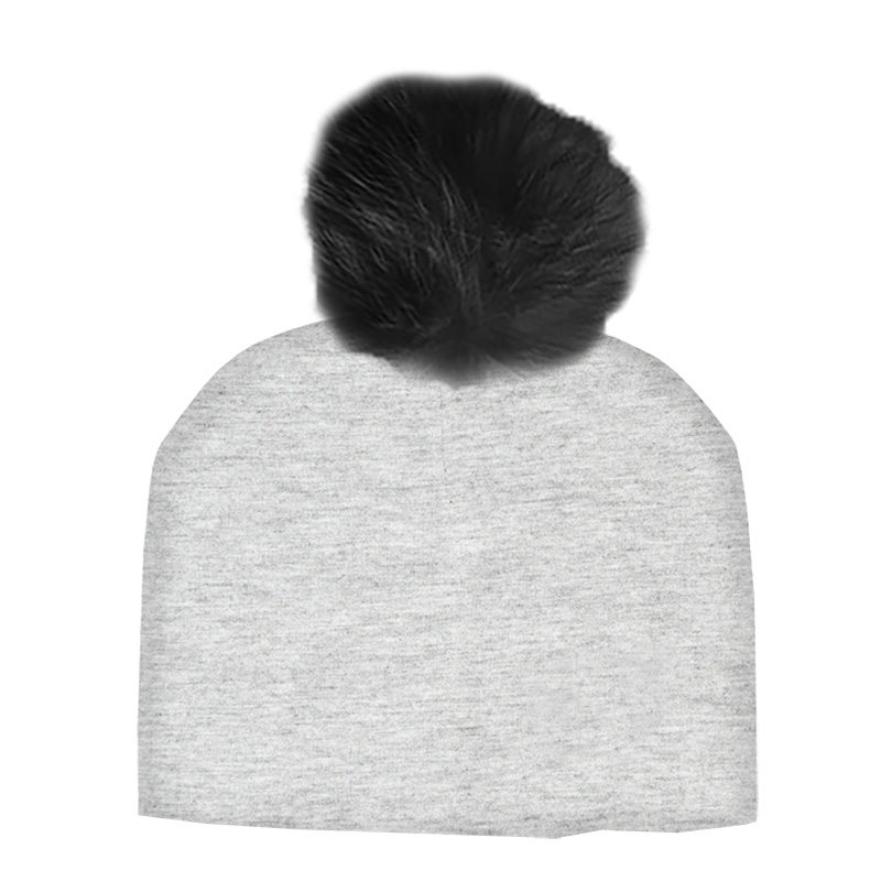 Image Cotton Hat for Kids with Black Fur Pompom - Light Grey