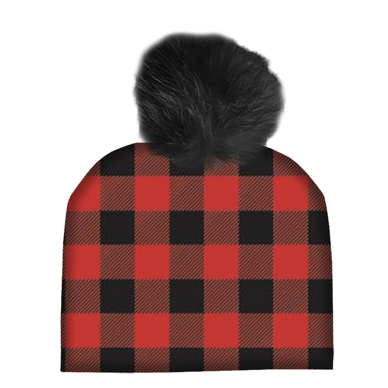 Image Cotton Hat for Kids with Black Fur Pompom - Black & Red Plaid Pattern