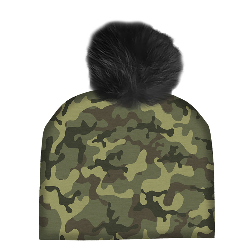 Image Cotton hat for Kids with black fur pompom - Green camo