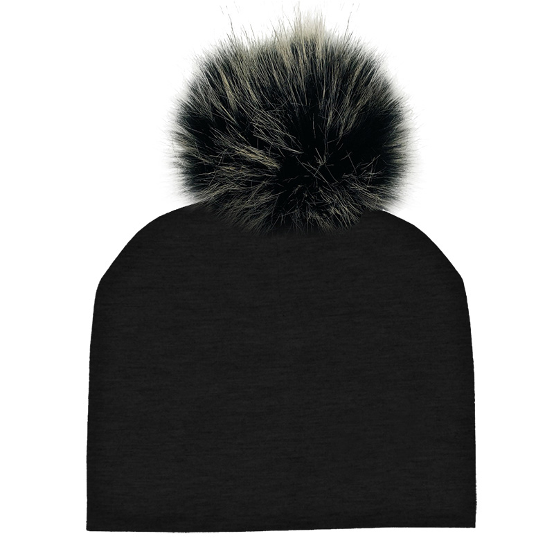 Image Cotton Hat for Kids with Black Fur Pompom - Black