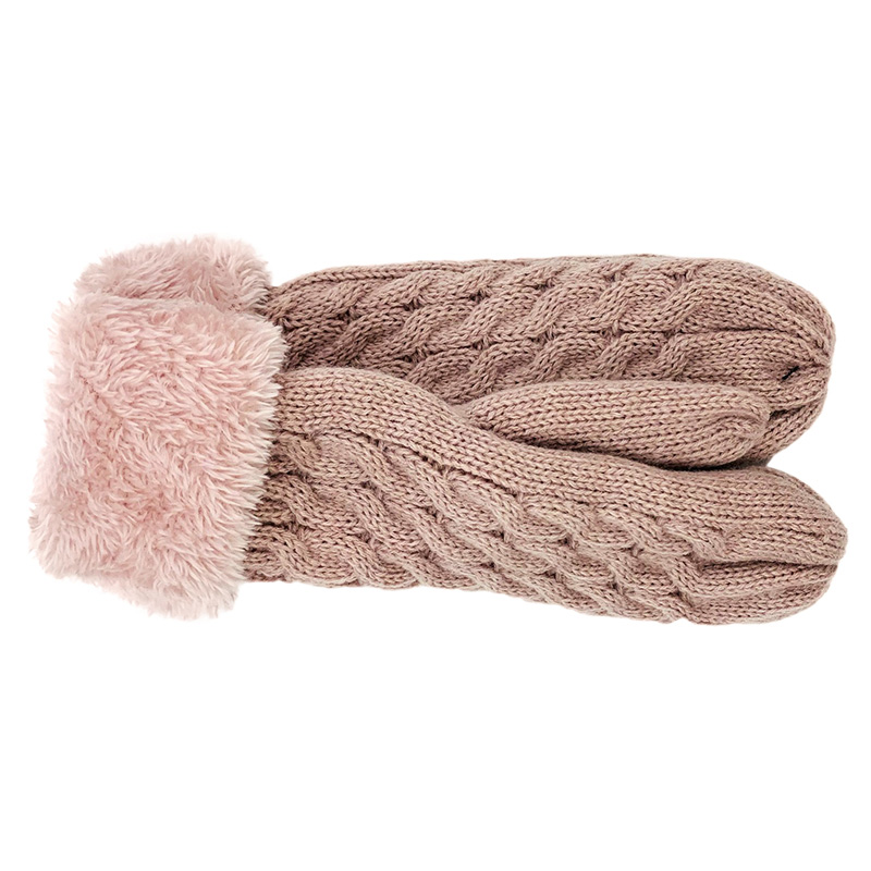 Image Knitted Mittens with Fleece Cuff for Women, Braided Design - Light Pink