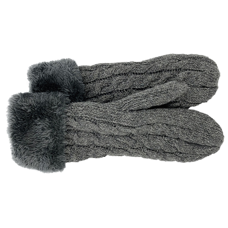 Image Knitted Mittens with Fleece Cuff for Women, Braided Design - Dark Grey