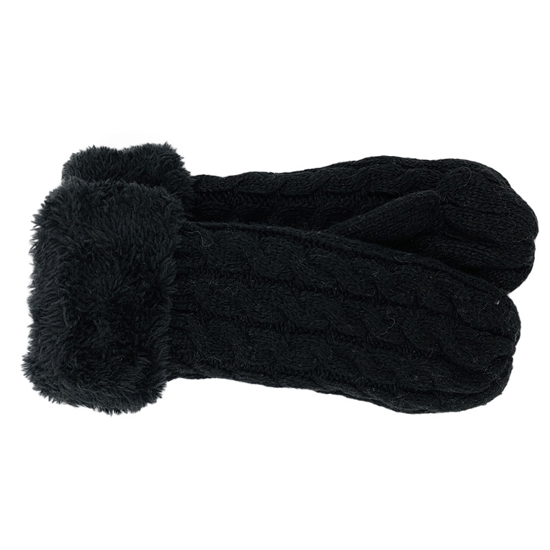 Image Knitted Mittens with Fleece Cuff for Women, Braided Design - Black