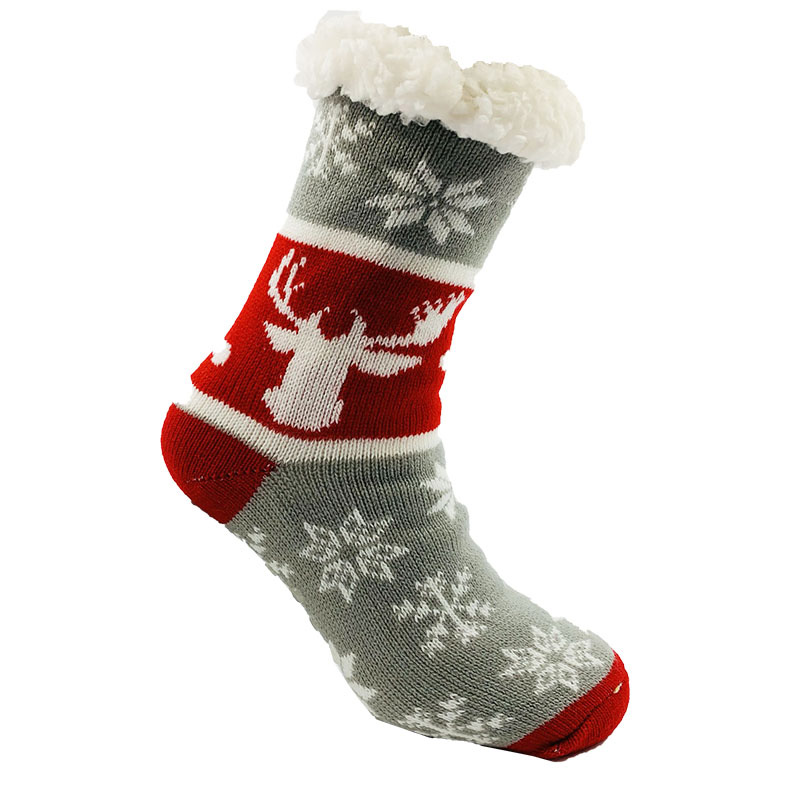 Image Anti-skid Socks in Fleece, Moose Designs with Flakes - Grey & Red