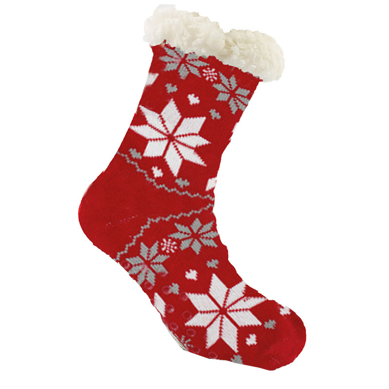 Image Anti-skid Socks in Fleece, Poinsettia Designs - Red & white